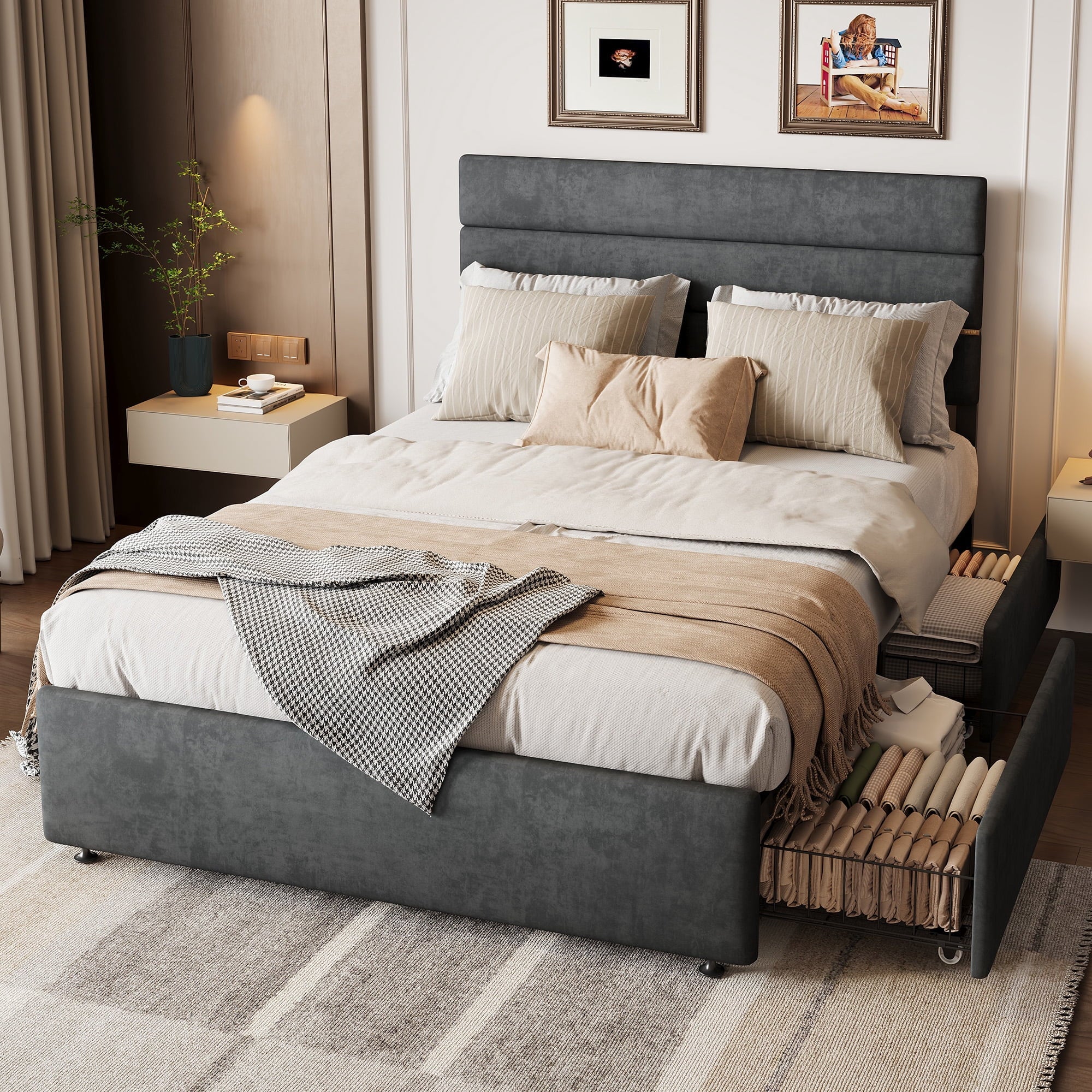 GALAXHERO Full Size Upholstered Bed Frame with 4 Storage Drawers and Headboard, Velvet Platform Bedframe, Sturdy Metal & Wooden Slats Support, No Box Spring Needed, Easy Assembly