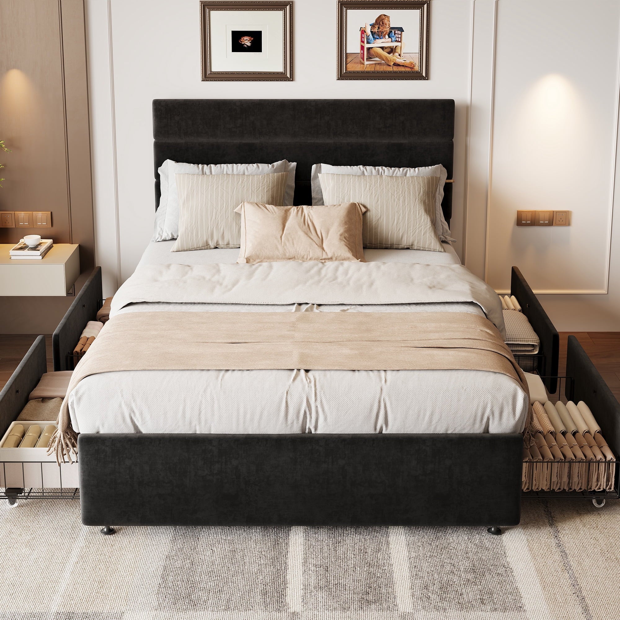 GALAXHERO Full Size Upholstered Bed Frame with 4 Storage Drawers and Headboard, Velvet Platform Bedframe, Sturdy Metal & Wooden Slats Support, No Box Spring Needed, Easy Assembly