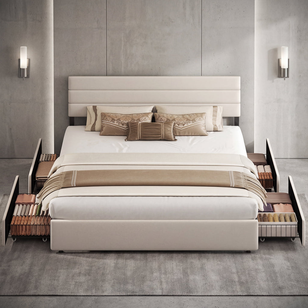 GALAXHERO King Size Upholstered Bed Frame with 4 Storage Drawers and Headboard, Velvet Platform Bedframe, Sturdy Metal & Wooden Slats Support, No Box Spring Needed, Easy Assembly
