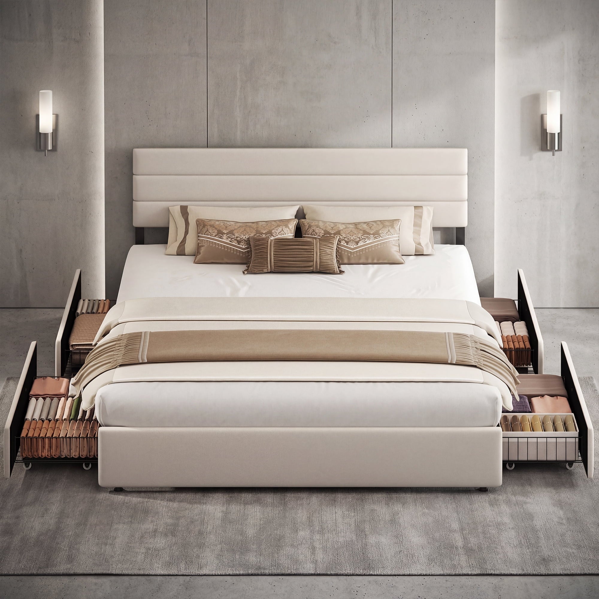 GALAXHERO King Size Upholstered Bed Frame with 4 Storage Drawers and Headboard, Velvet Platform Bedframe, Sturdy Metal & Wooden Slats Support, No Box Spring Needed, Easy Assembly