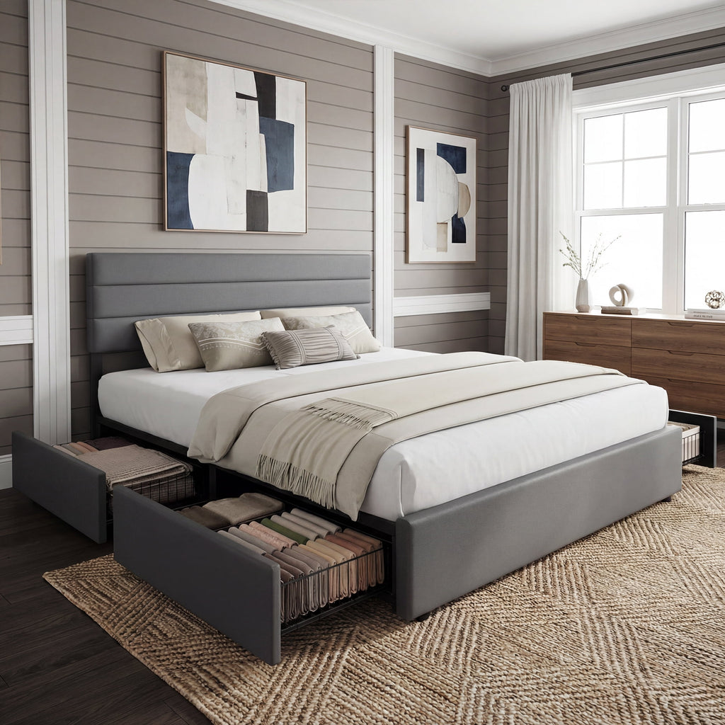 GALAXHERO King Size Upholstered Bed Frame with 4 Storage Drawers and Headboard, Velvet Platform Bedframe, Sturdy Metal & Wooden Slats Support, No Box Spring Needed, Easy Assembly