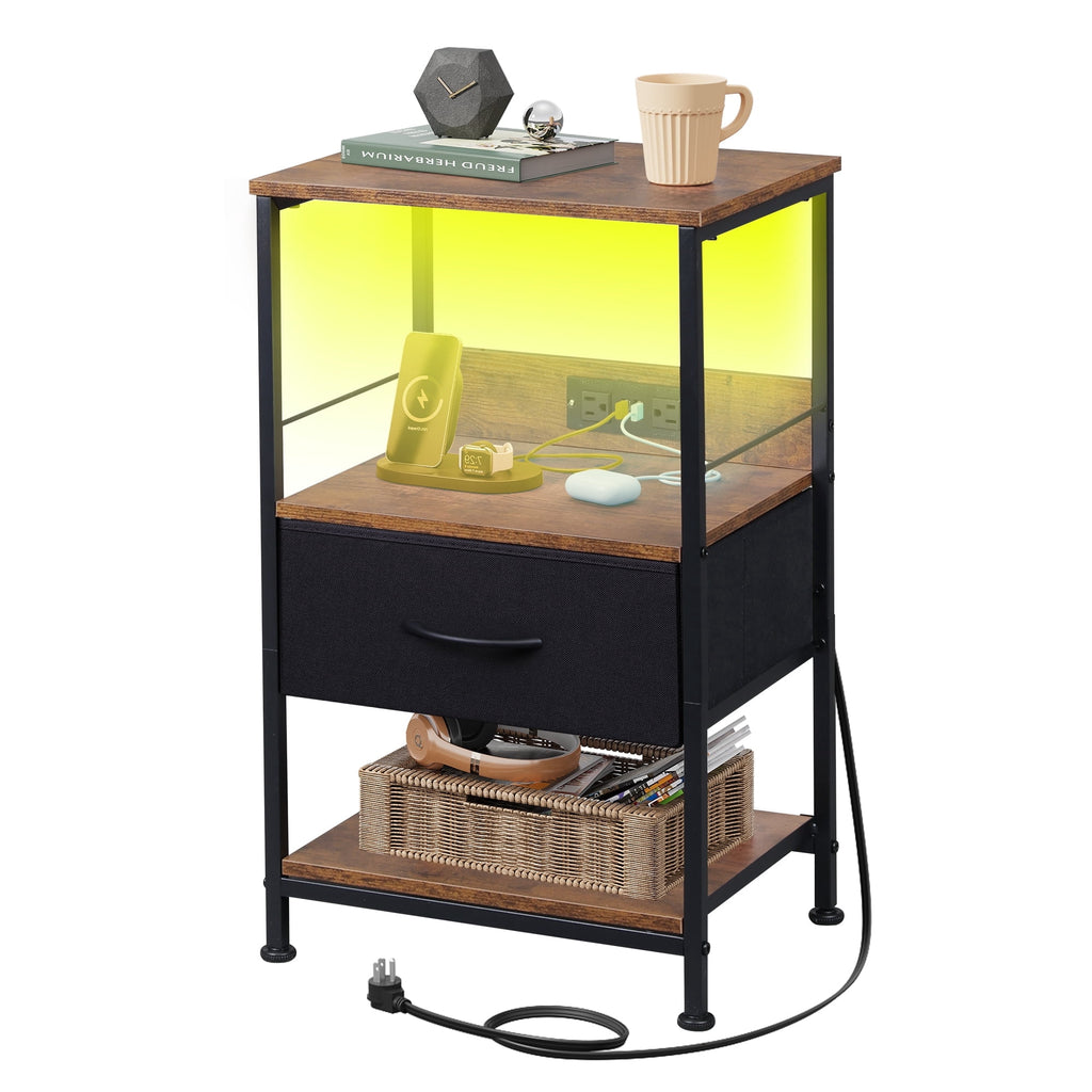 GALAXHERO LED Nightstand with Charging Station, Small Dresser with Drawer and Storage Shelfs for Bedroom