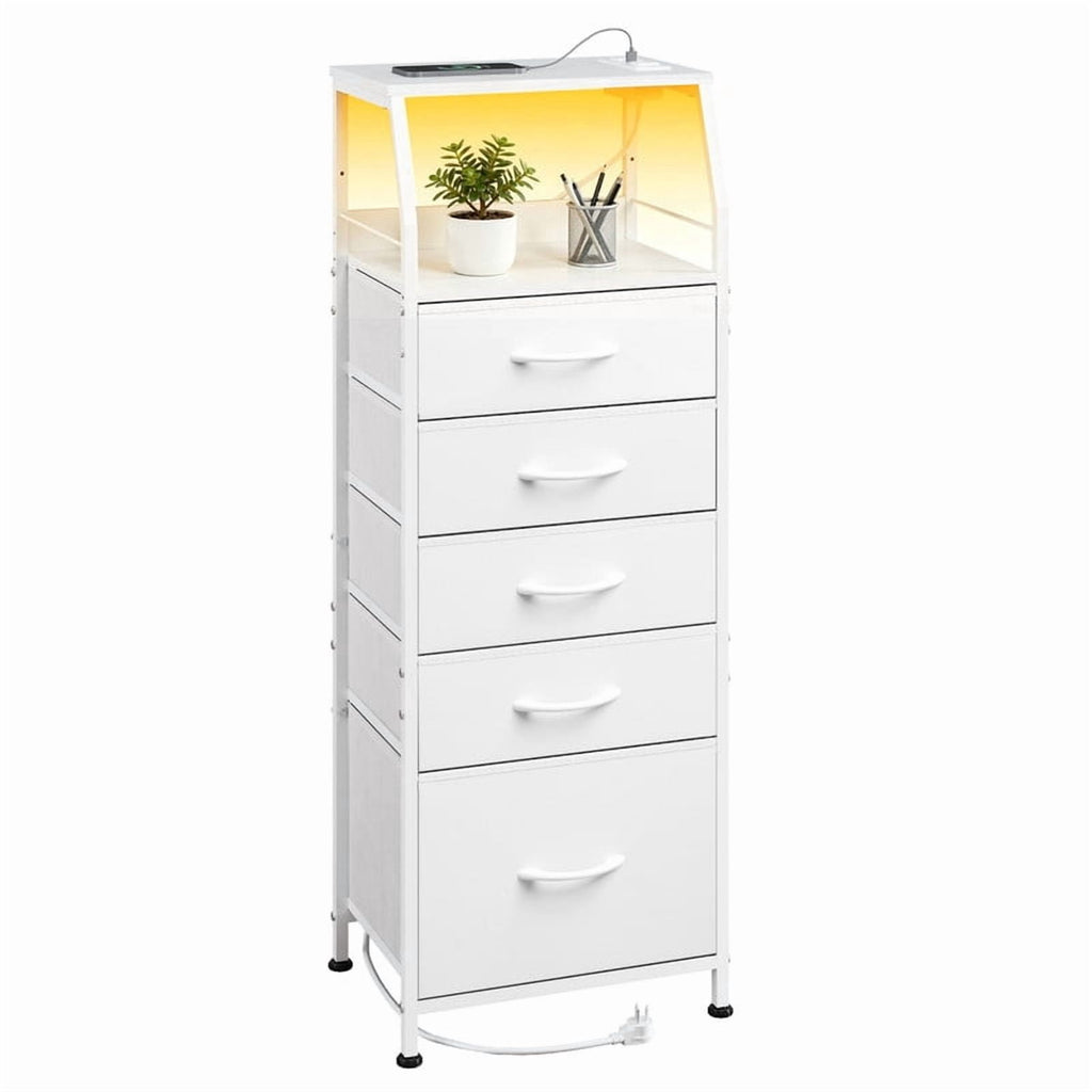 GALAXHERO Dresser for Bedroom, 5 Drawer Nightstand with Charging Station,Tall Bedside Table with LED and Open Shelf
