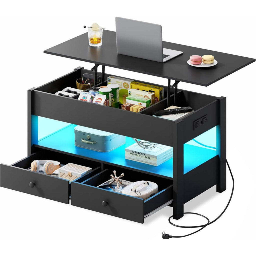 GALAXHERO Lift Top Coffee Table for Living Room Table with 2 Drawers & LED Light & Large Storage and Open Shelf