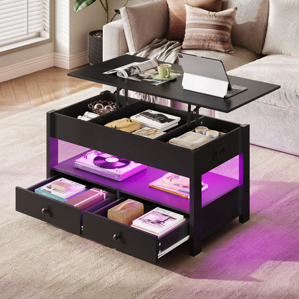 GALAXHERO Lift Top Coffee Table for Living Room Table with 2 Drawers & LED Light & Large Storage and Open Shelf