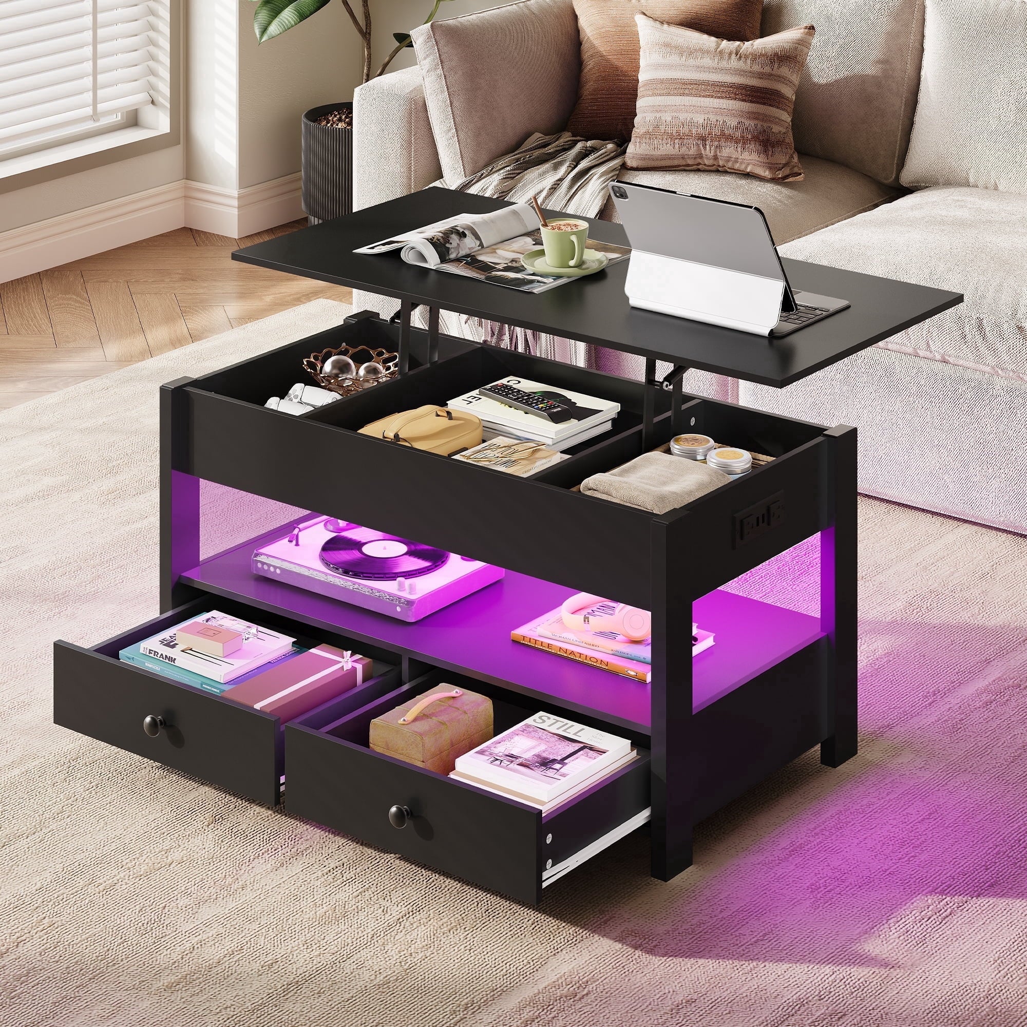 GALAXHERO Lift Top Coffee Table for Living Room Table with 2 Drawers & LED Light & Large Storage and Open Shelf