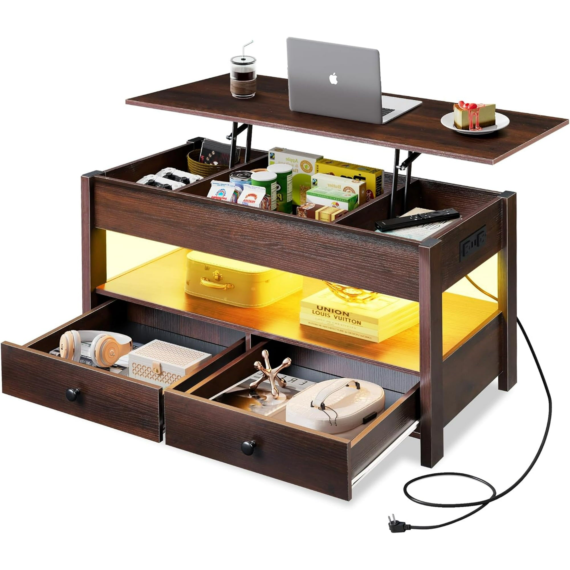 GALAXHERO Lift Top Coffee Table for Living Room Table with 2 Drawers & LED Light & Large Storage and Open Shelf
