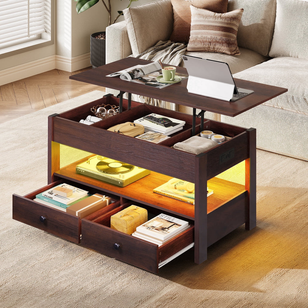 GALAXHERO Lift Top Coffee Table for Living Room Table with 2 Drawers & LED Light & Large Storage and Open Shelf