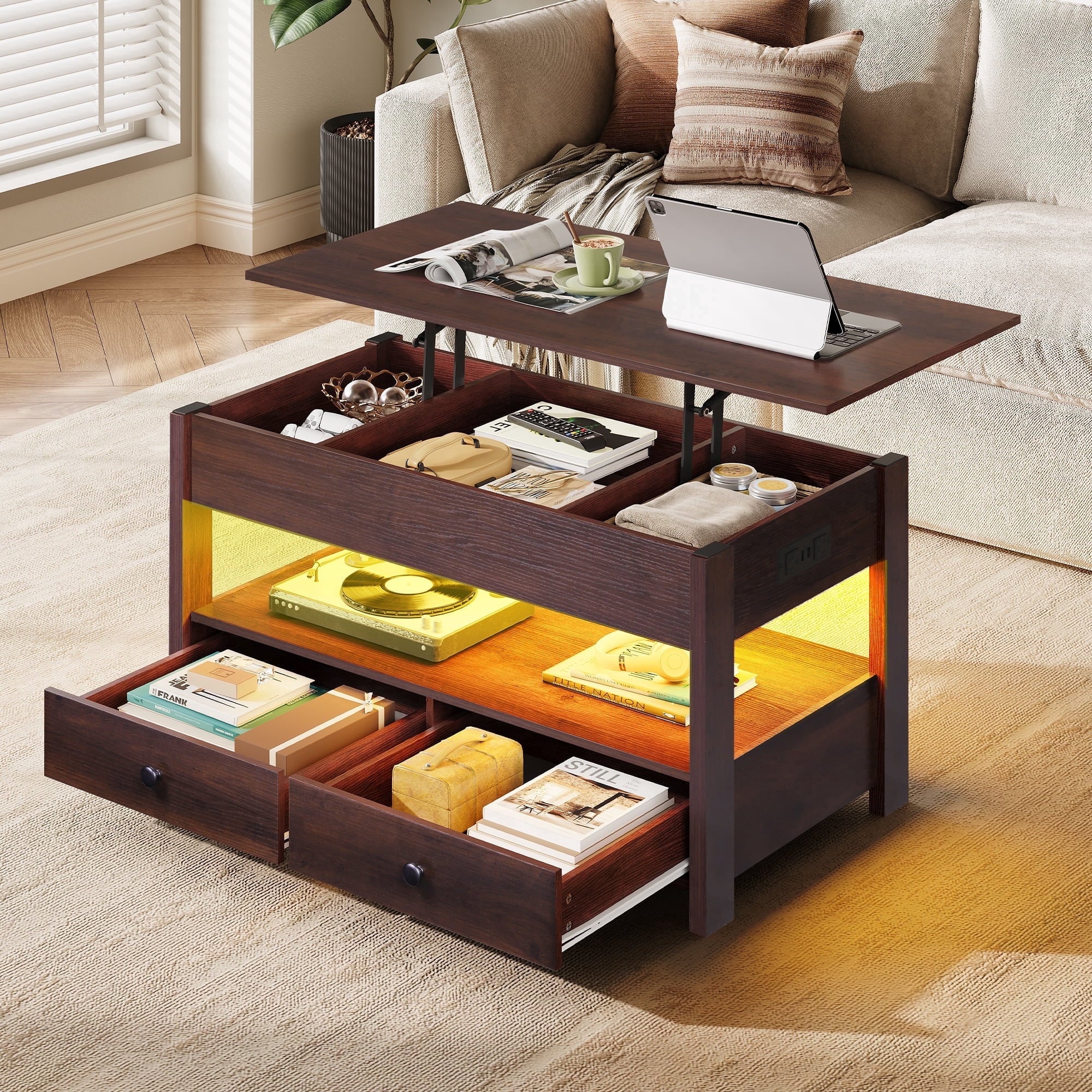 GALAXHERO Lift Top Coffee Table for Living Room Table with 2 Drawers & LED Light & Large Storage and Open Shelf