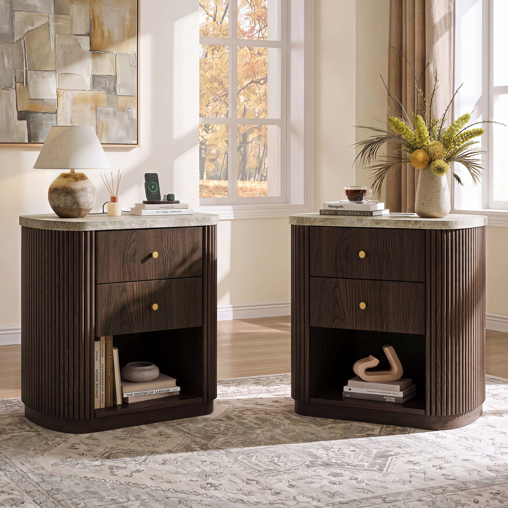GALAXHERO Mid Century Modern Nightstand with Charging Station, 2-Drawer Fluted Wood Bedside Table with Open Shelf for Bedroom Living Room Dorm