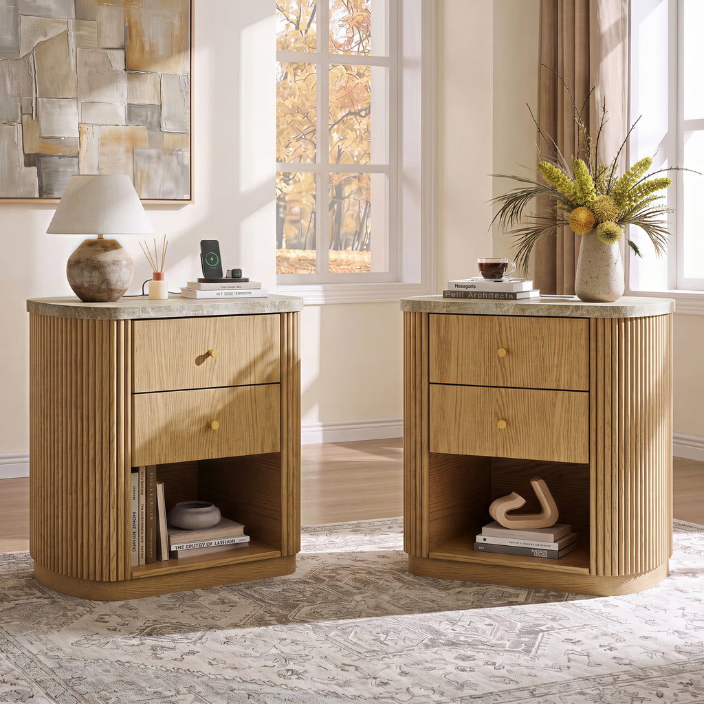 GALAXHERO Mid Century Modern Nightstand with Charging Station, 2-Drawer Fluted Wood Bedside Table with Open Shelf for Bedroom Living Room Dorm