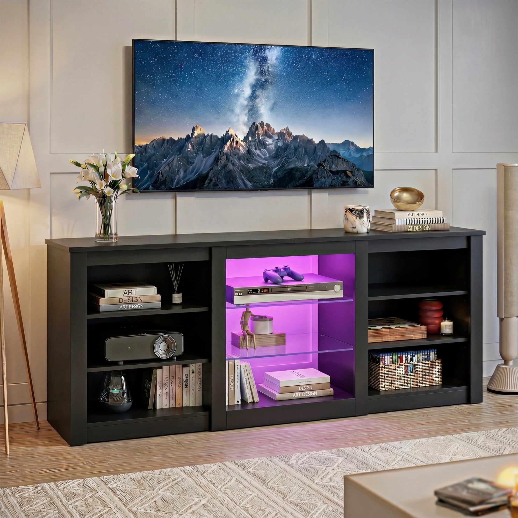 GALAXHERO Modern TV Stand for 65 Inch TV Entertainment Center with Adjustable Open Shelves & LED Lights Sturdy Media Console for Living Room, Bedroom, Gaming