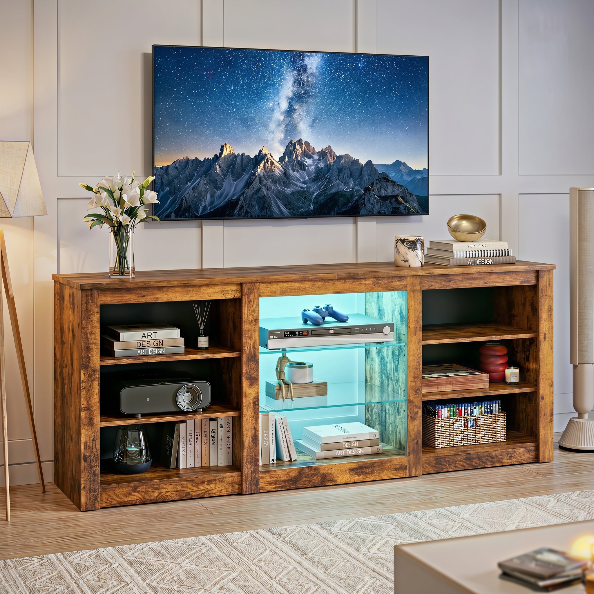 GALAXHERO Modern TV Stand for 65 Inch TV Entertainment Center with Adjustable Open Shelves & LED Lights Sturdy Media Console for Living Room, Bedroom, Gaming