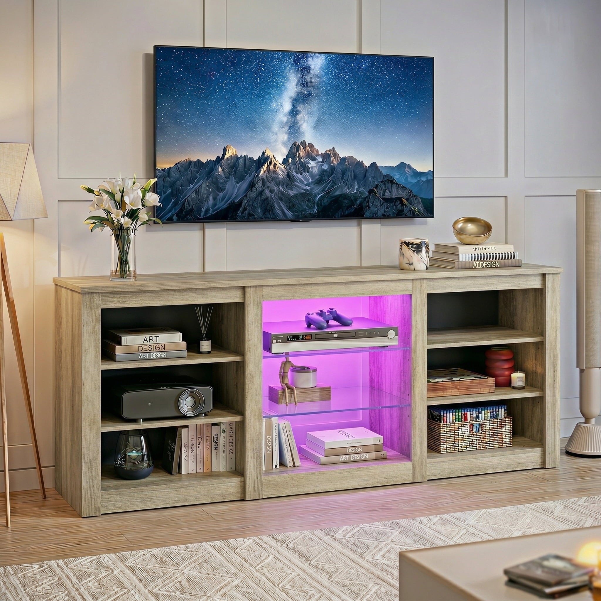 GALAXHERO Modern TV Stand for 65 Inch TV Entertainment Center with Adjustable Open Shelves & LED Lights Sturdy Media Console for Living Room, Bedroom, Gaming