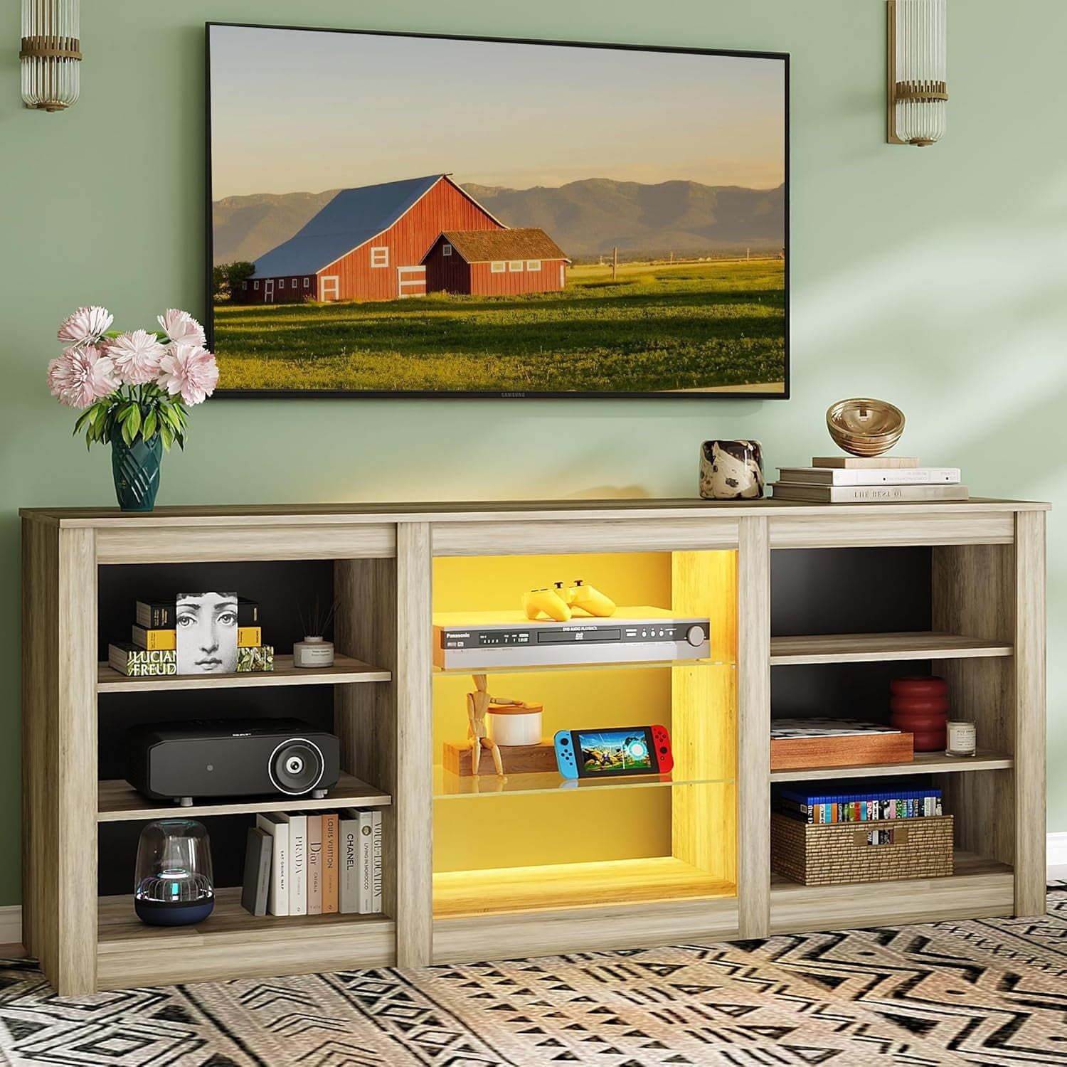 GALAXHERO Modern TV Stand for 65 Inch TV, Entertainment Center with Adjustable Open Shelves & LED Lights, Sturdy Media Console for Living Room, Bedroom,Gaming White