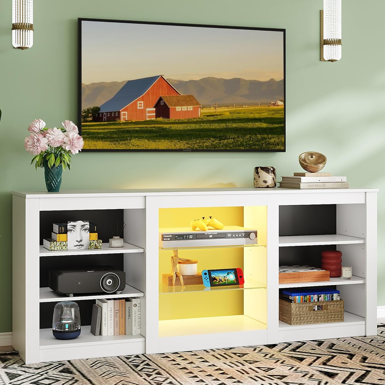 GALAXHERO Modern TV Stand for 65 Inch TV, Entertainment Center with Adjustable Open Shelves & LED Lights, Sturdy Media Console for Living Room, Bedroom,Gaming White