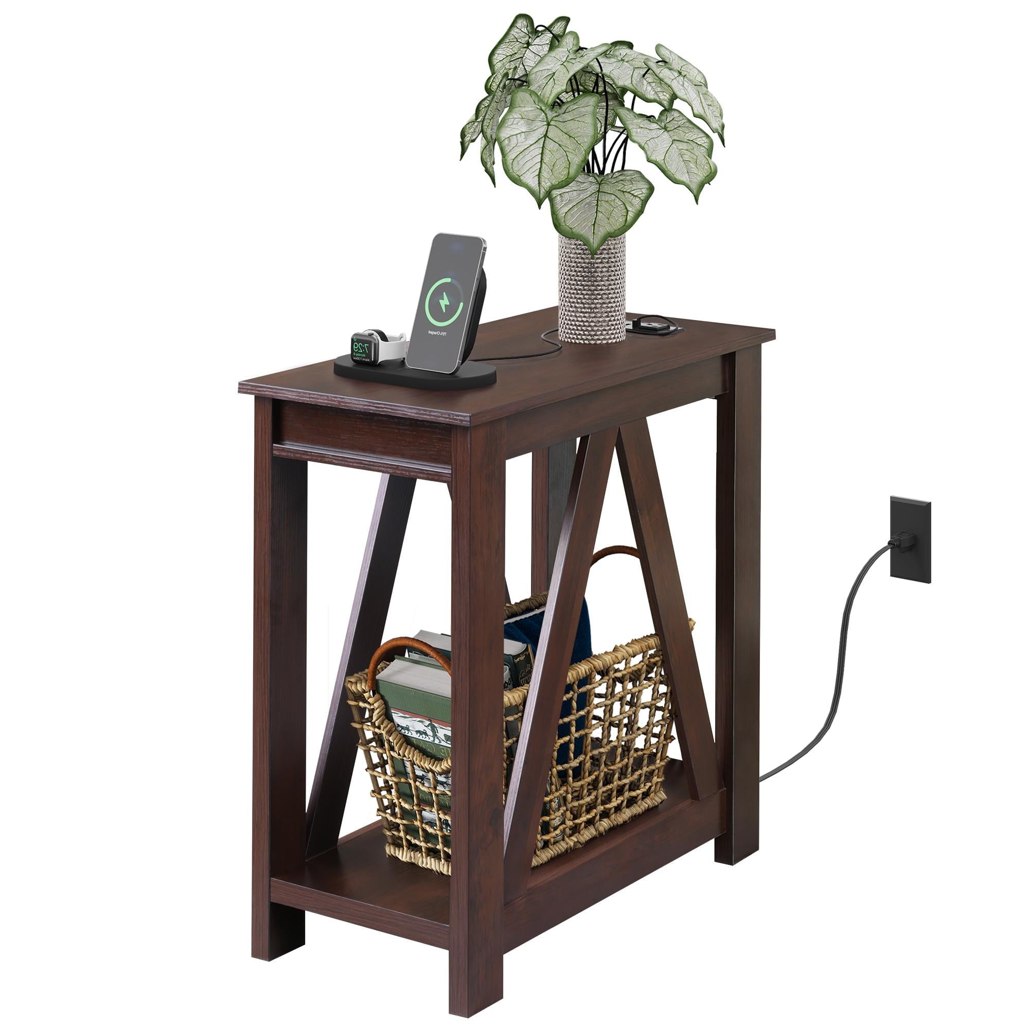 GALAXHERO Narrow End Table with Charging Station of Open Storage Shelf, Sofa Side Table with 2 USB Ports and 2 Power Outlets, Slim Farmhouse End Table for Small Spaces, Bedroom, Living Room