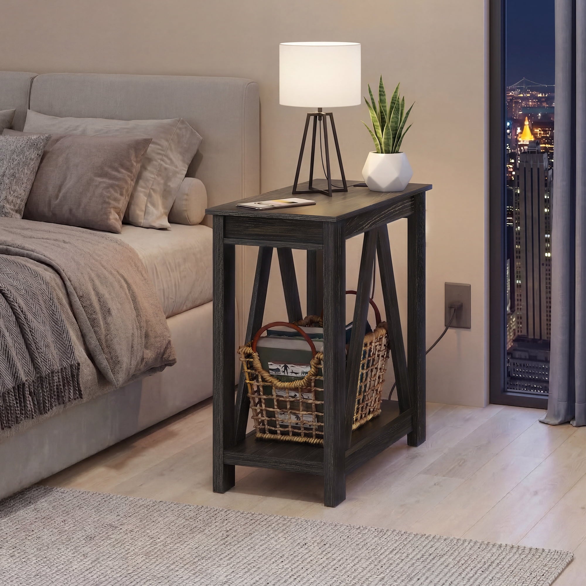 GALAXHERO Narrow End Table with Charging Station and Open Storage Shelf Sofa Side Table with 2 USB Ports and 2 Power Outlets, Slim Farmhouse End Table for Small Spaces, Bedroom, Living Room
