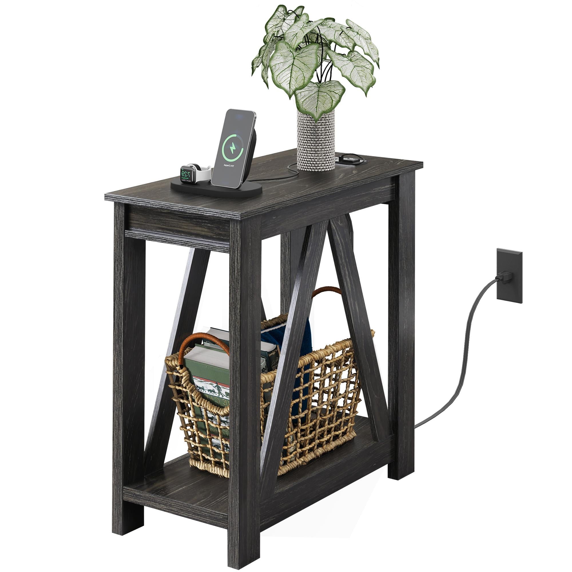GALAXHERO Narrow End Table with Charging Station of Open Storage Shelf, Sofa Side Table with 2 USB Ports and 2 Power Outlets, Slim Farmhouse End Table for Small Spaces, Bedroom, Living Room