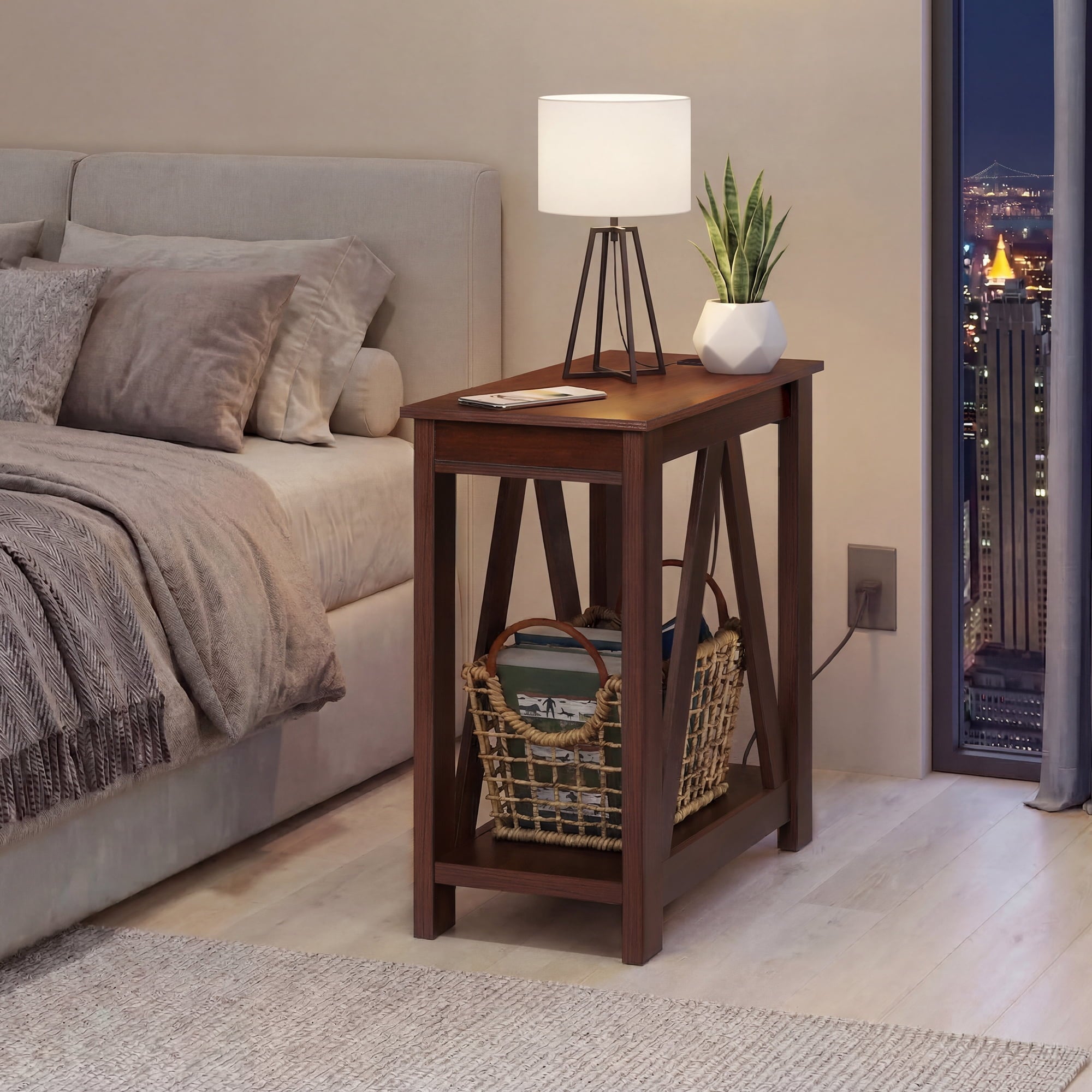 GALAXHERO Narrow End Table with Charging Station and Open Storage Shelf Sofa Side Table with 2 USB Ports and 2 Power Outlets, Slim Farmhouse End Table for Small Spaces, Bedroom, Living Room