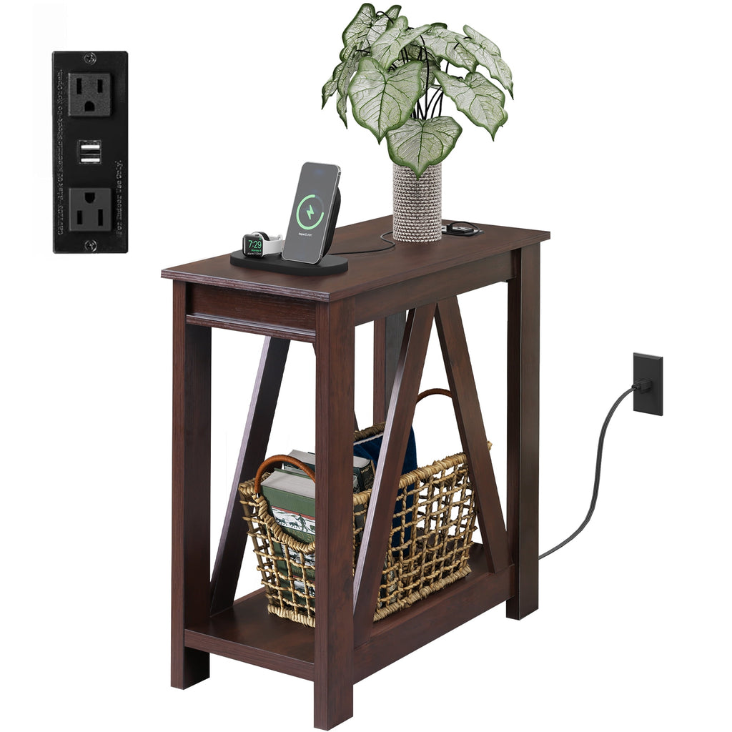 GALAXHERO End Table with Charging Station Slim Side Table with 2 USB Ports and 2 Power Outlets, 2-Tier Nightstand for Small Spaces, Farmhouse End Table for Living Room,Bedroom