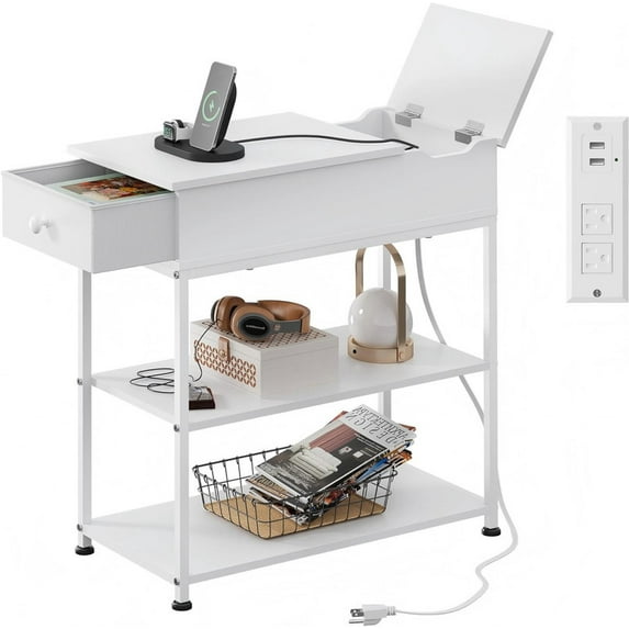 GALAXHERO Narrow End Table with Charging Station Side Table for Living Room, Couch Nightstand with Fabric Drawer for Bedroom