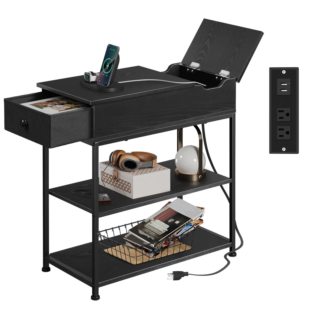 GALAXHERO Narrow Side Table with 2 USB Ports and 2 Outlets, Flip Top End Table with Drawer and Storage Shelves, End Stand with Charging Station for Living Room, Bedroom, Small Spaces,Black