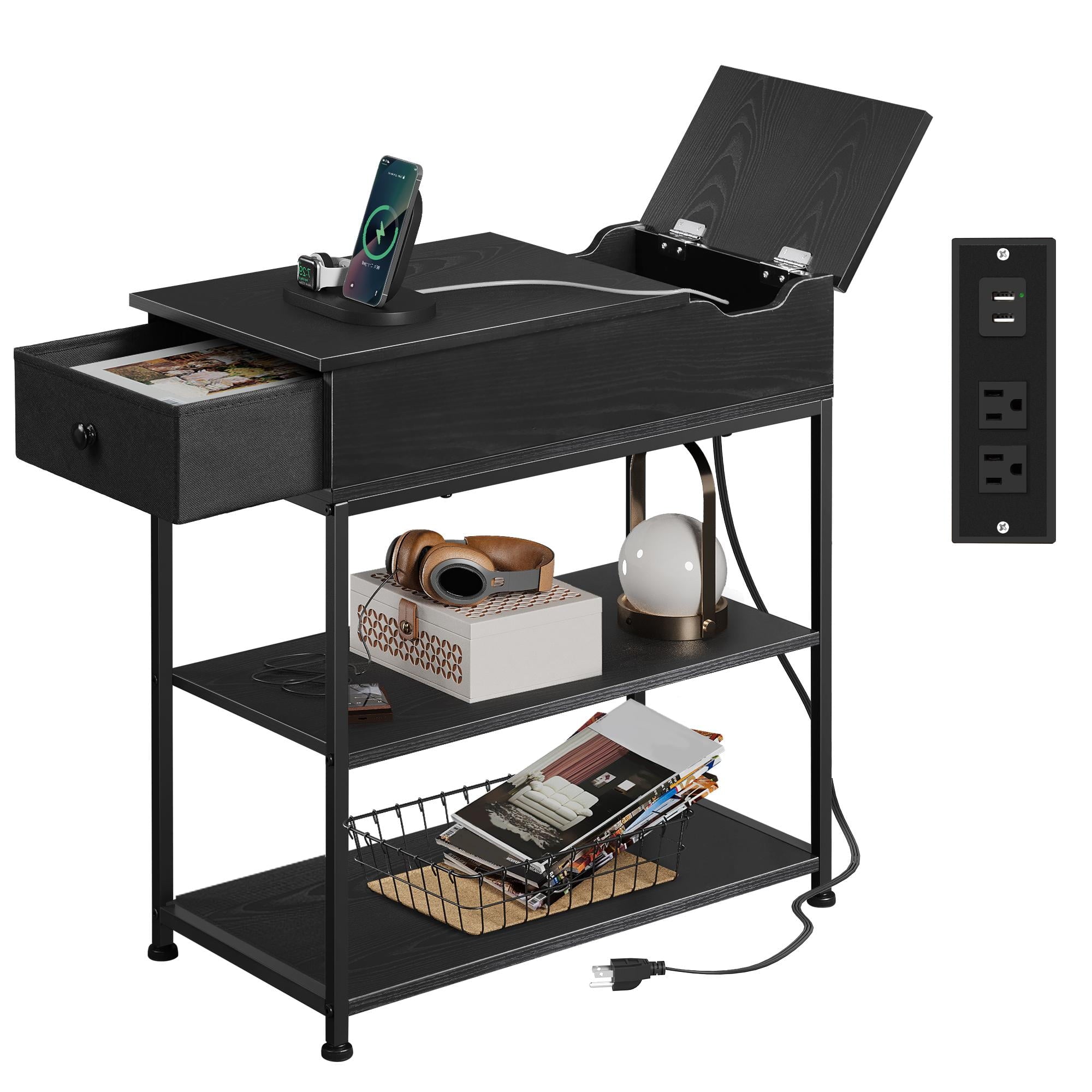 GALAXHERO Narrow Side Table with 2 USB Ports and 2 Outlets, Flip Top End Table with Drawer and Storage Shelves, End Stand with Charging Station for Living Room, Bedroom, Small Spaces,Black
