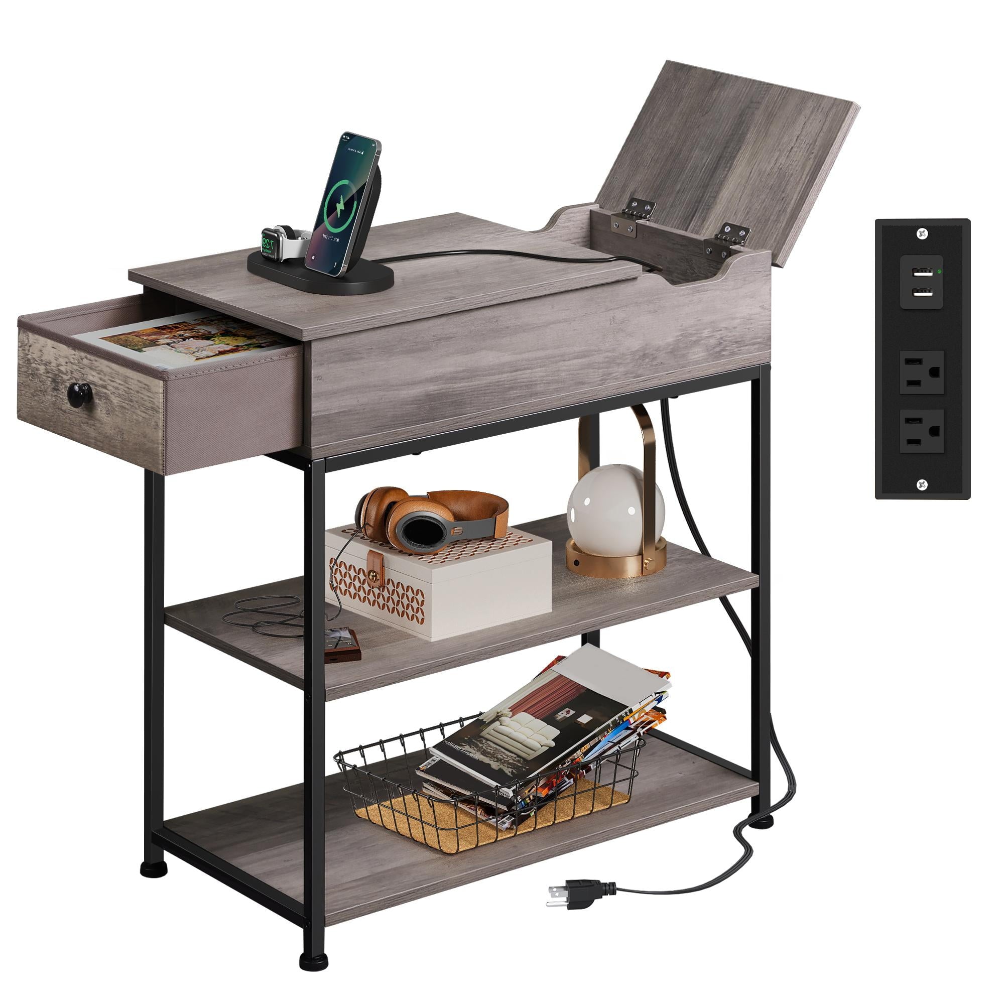 GALAXHERO Narrow Side Table with 2 USB Ports and 2 Outlets, Flip Top End Table with Drawer and Storage Shelves, End Stand with Charging Station for Living Room, Bedroom, Small Spaces,Black