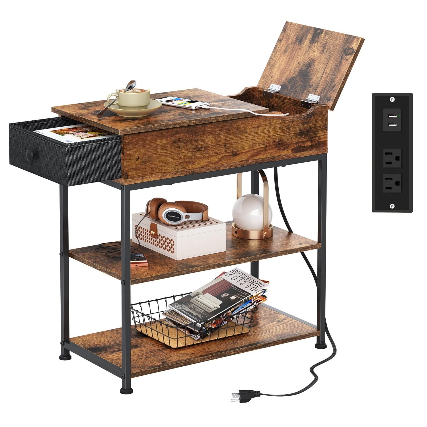GALAXHERO Narrow Side Table with 2 USB Ports and 2 Outlets, Flip Top End Table with Drawer and Storage Shelves, End Stand with Charging Station for Living Room, Bedroom, Small Spaces,Black