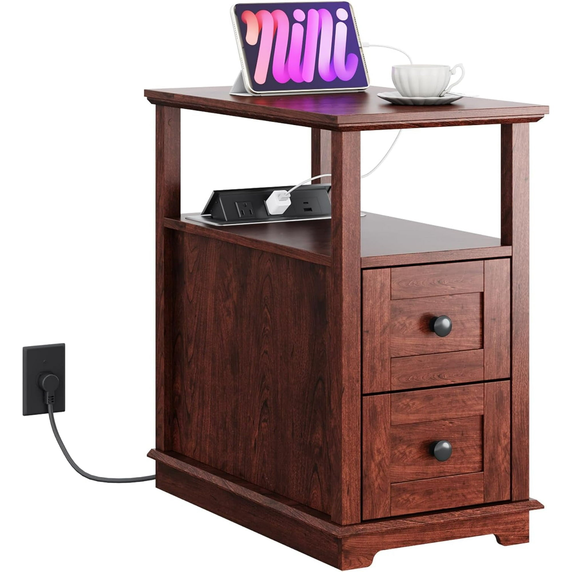 GALAXHERO Narrow Side Table with Charging Station Wooden End Table with 2 Drawers for Living Room, Bedroom, Small Space, Antique Cherry