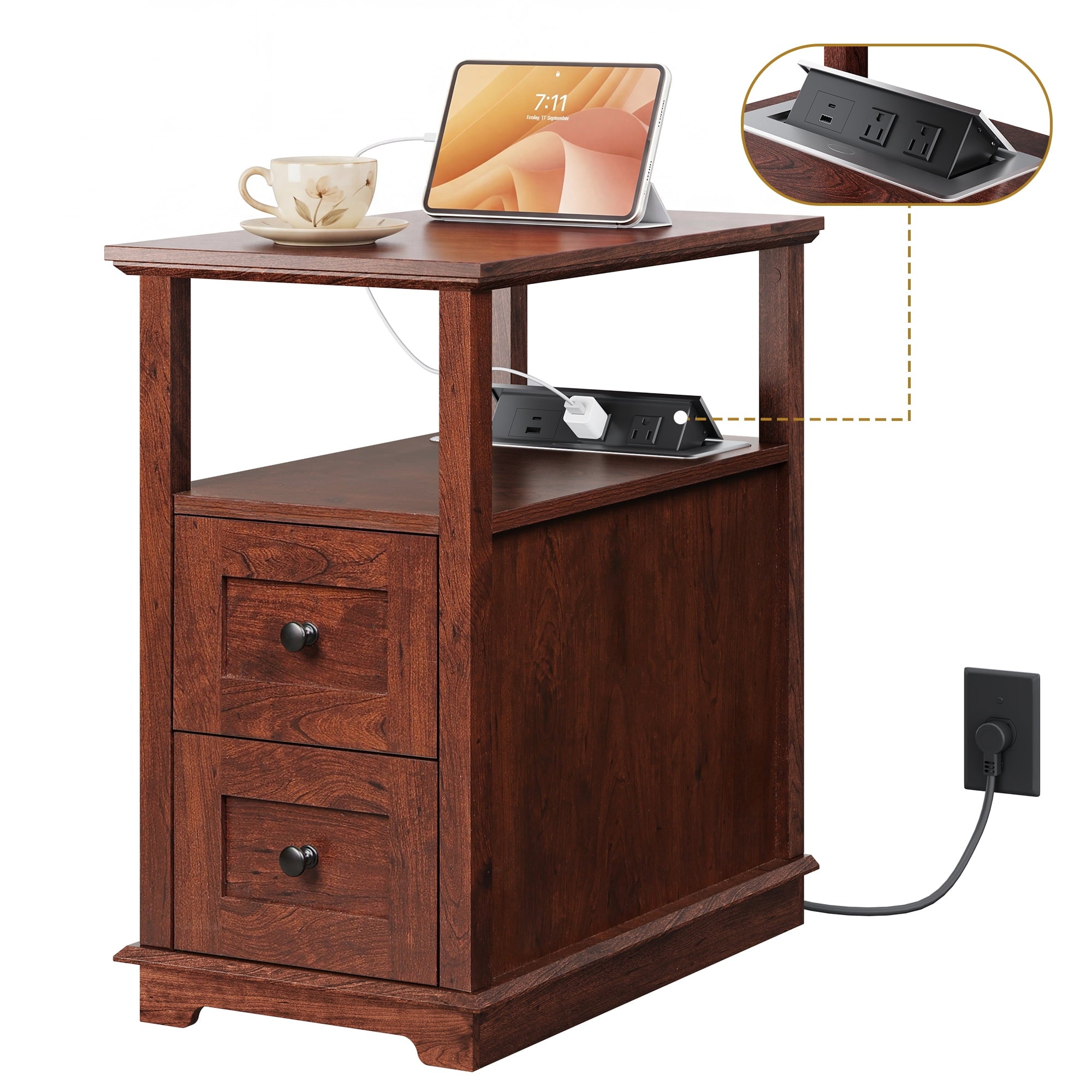 GALAXHERO Narrow End Table with Charging Station Wooden Side Table with 2 Drawers for Living Room, Bedroom, Small Space