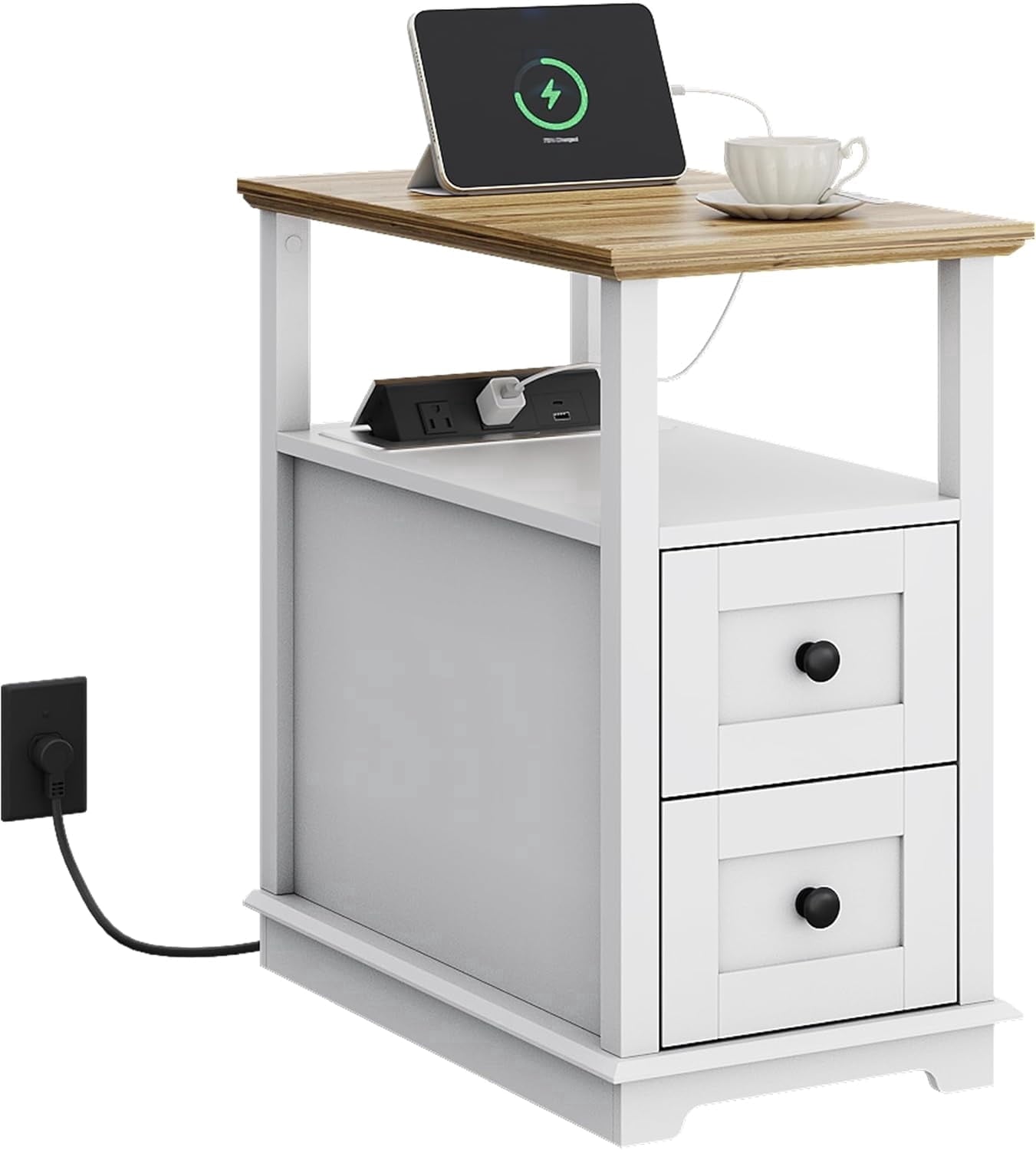 GALAXHERO Narrow Side Table with Charging Station Wooden End Table with 2 Drawers for Living Room, Bedroom, Small Space