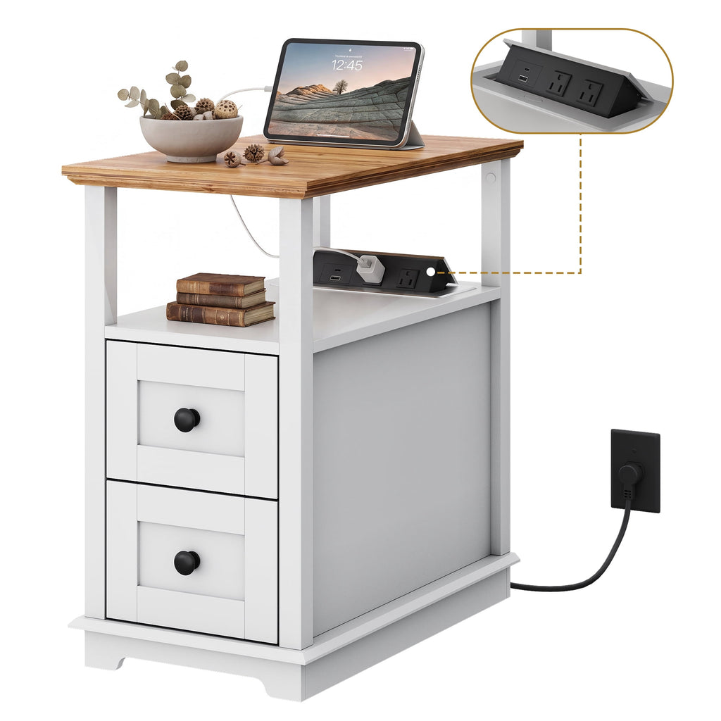 GALAXHERO Narrow Side Table with Charging Station Wooden End Table with 2 Drawers for Living Room, Bedroom, Small Space