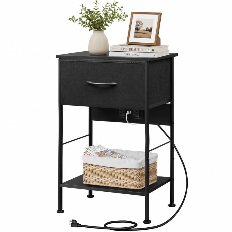 GALAXHERO Nightstand with Charging Station, Small Dresser with Drawer and Storage Shelfs for Bedroom