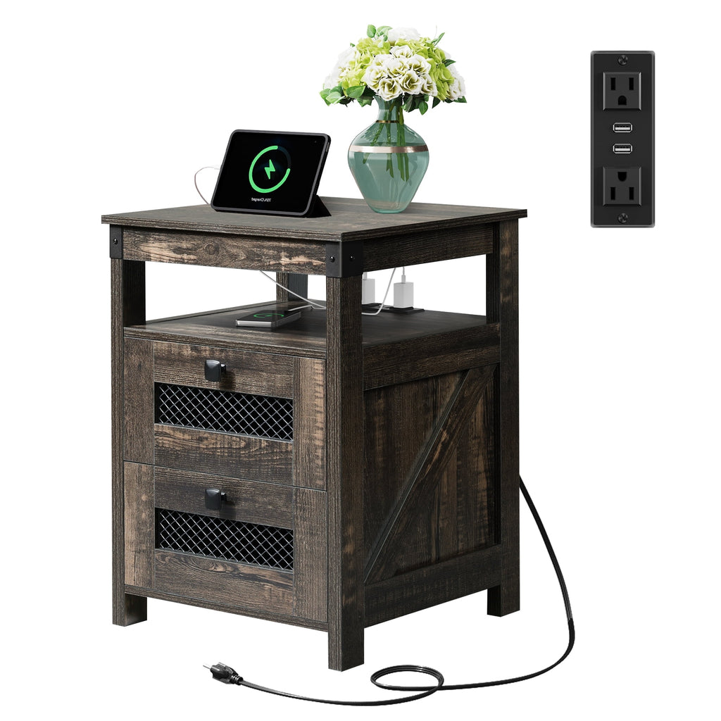 GALAXHERO Nightstand with Charging Station, Farmhouse End Table, Bed Side Table with 2 Storage Drawers and Open Shelf, Wood Rustic Nightstands for Bedroom