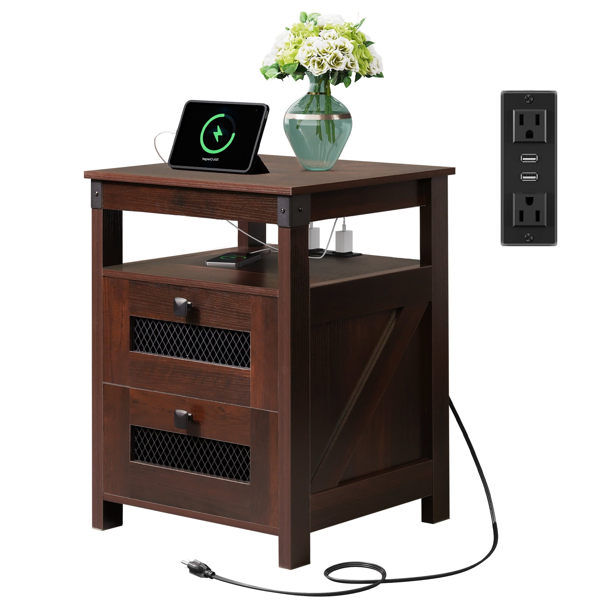 GALAXHERO Nightstand with Charging Station, Farmhouse End Table, Bed Side Table with 2 Storage Drawers and Open Shelf, Wood Rustic Nightstands for Bedroom