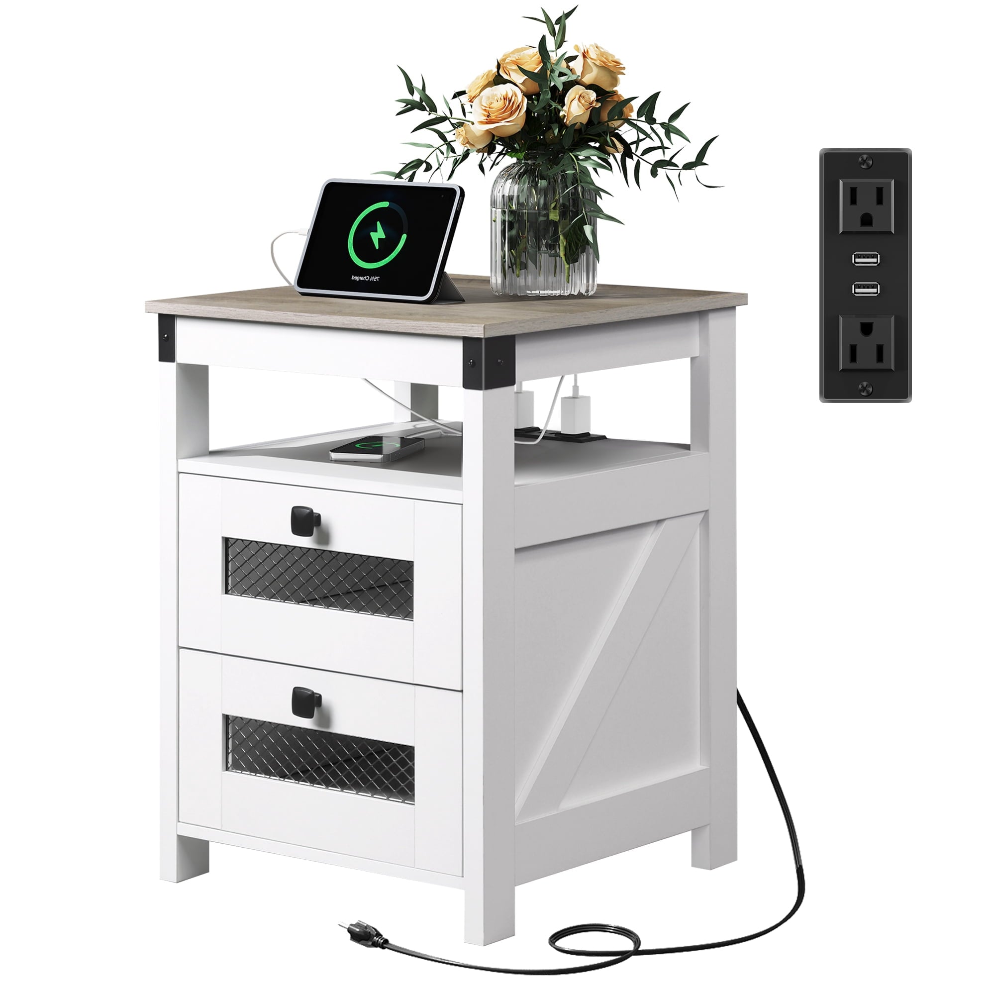 GALAXHERO Nightstand with Charging Station, Farmhouse End Table, Bed Side Table with 2 Storage Drawers and Open Shelf, Wood Rustic Nightstands for Bedroom