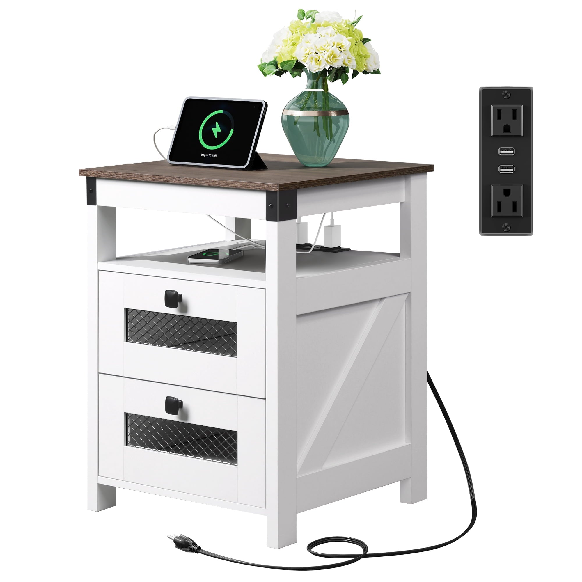 GALAXHERO Nightstand with Charging Station, Farmhouse End Table, Bed Side Table with 2 Storage Drawers and Open Shelf, Wood Rustic Nightstands for Bedroom