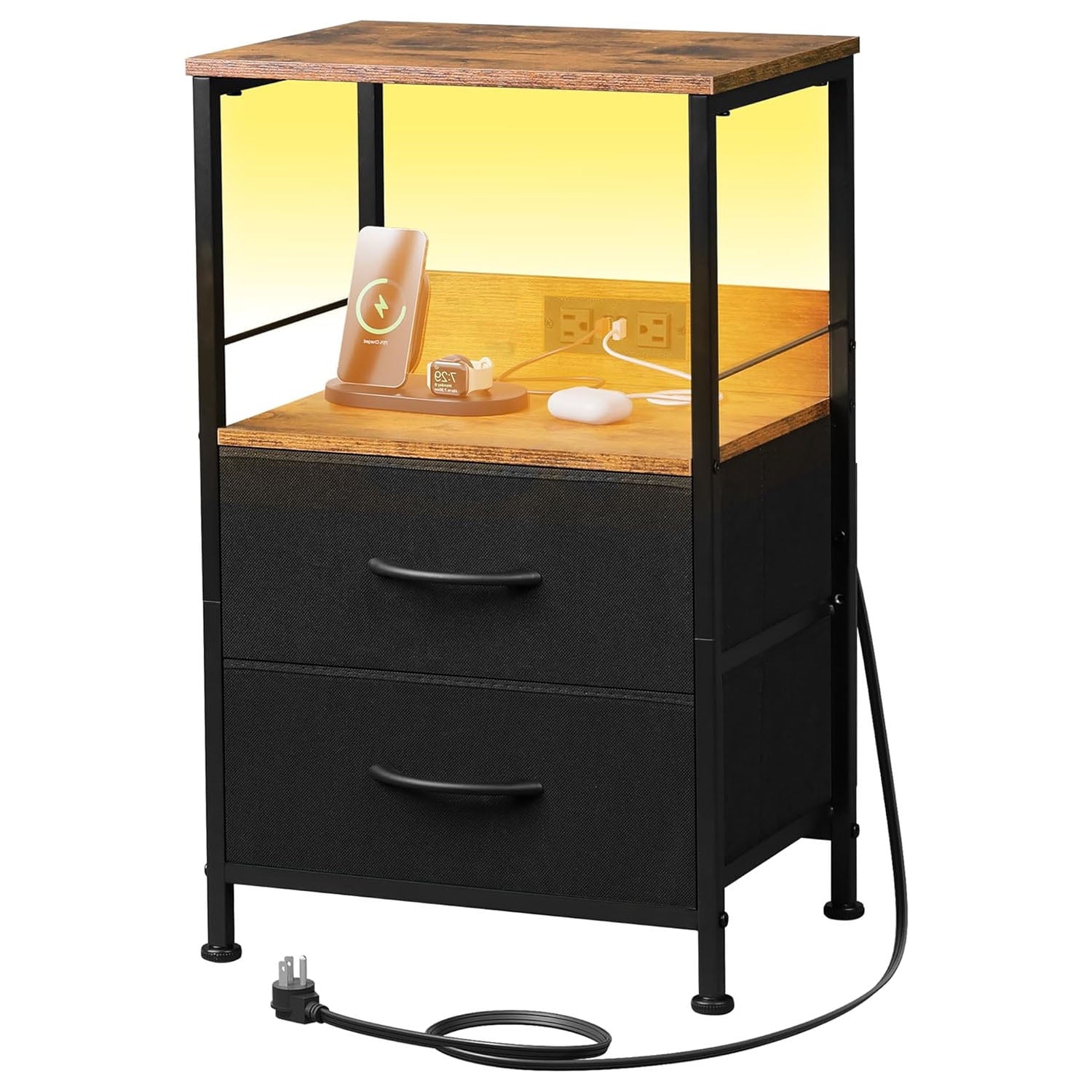 GALAXHERO Nightstand with Charging Station, LED Light, 2 Fabric Drawers, Storage Shelf, 3 USB Ports and 2 AC Outlets Bedside Table for Bedroom, Small End Table, Compact Size