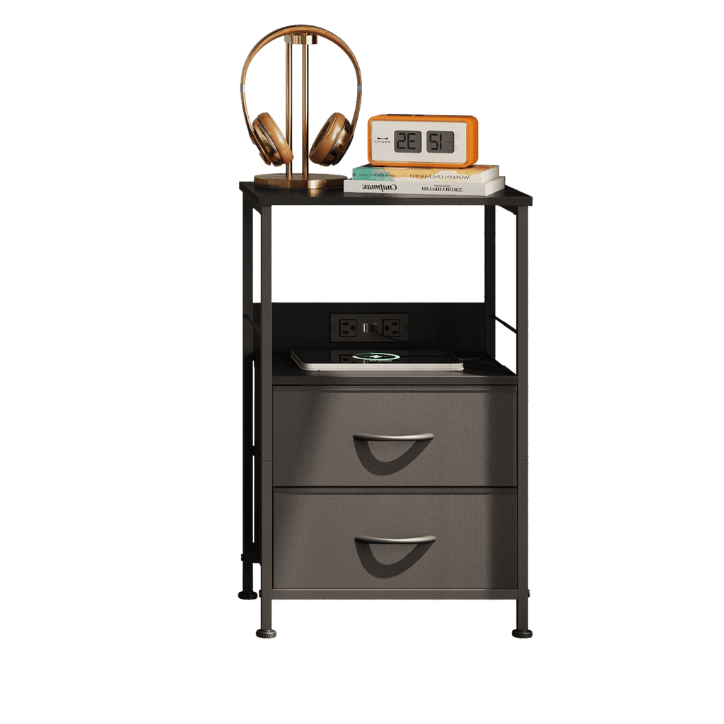 GALAXHERO Nightstand with Charging Station, LED Light, 2 Fabric Drawers, Storage Shelf, 3 USB Ports and 2 AC Outlets Bedside Table for Bedroom, Small End Table, Compact Size