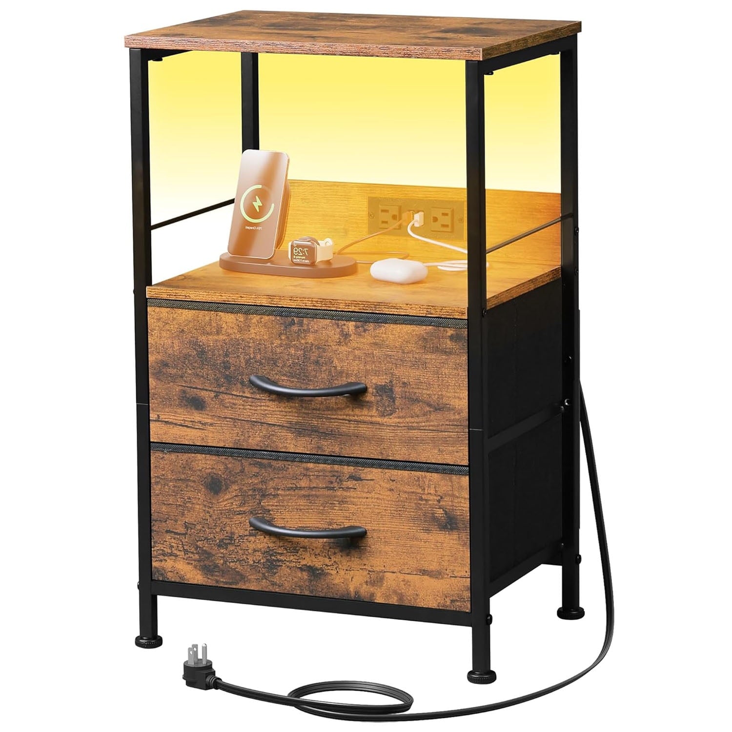 GALAXHERO Nightstand with Charging Station, LED Light, 2 Fabric Drawers, Storage Shelf, 3 USB Ports and 2 AC Outlets Bedside Table for Bedroom, Small End Table, Compact Size