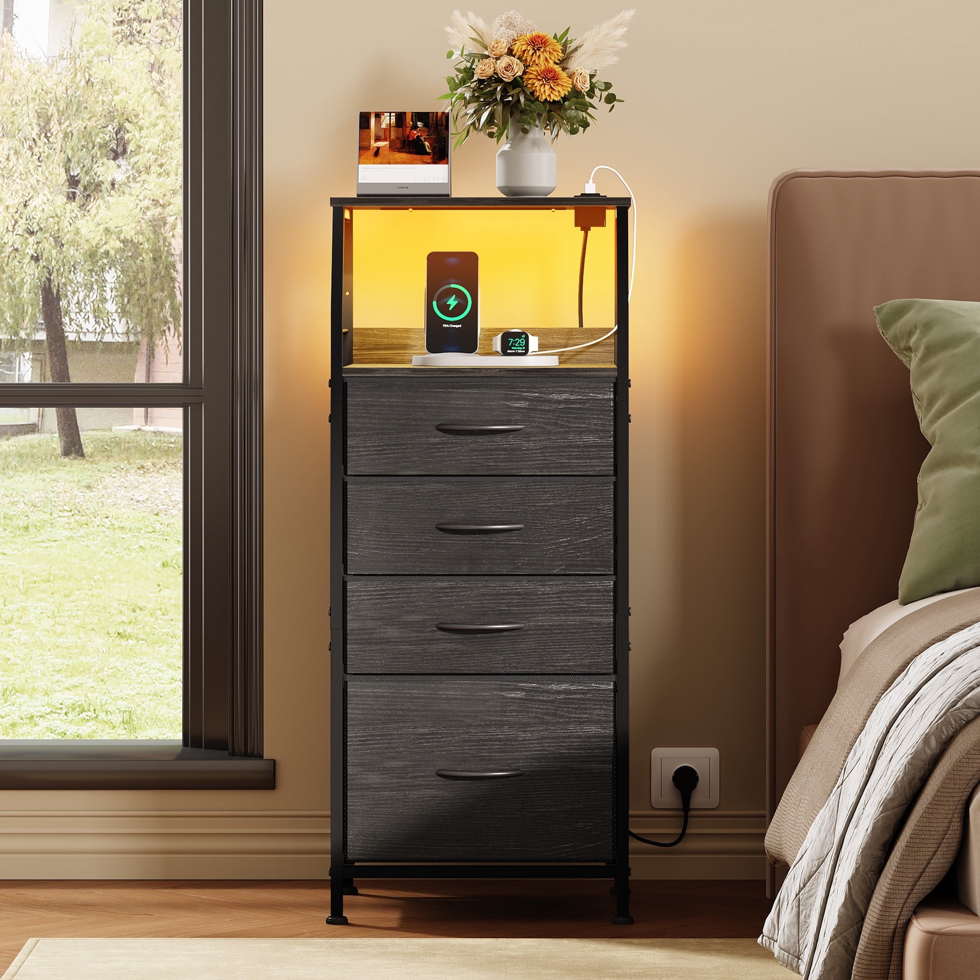 GALAXHERO 4 Drawer Dresser for Bedroom, Nightstand with Charging Station and LED, Tall Bedside Table with Storage Shelfs
