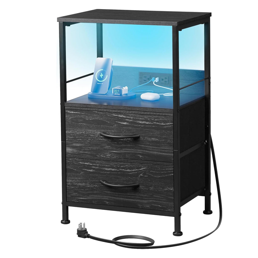 GALAXHERO Nightstand with Charging Station, LED Light, 2 Fabric Drawers, Storage Shelf, 3 USB Ports and 2 AC Outlets Bedside Table for Bedroom, Small End Table, Compact Size
