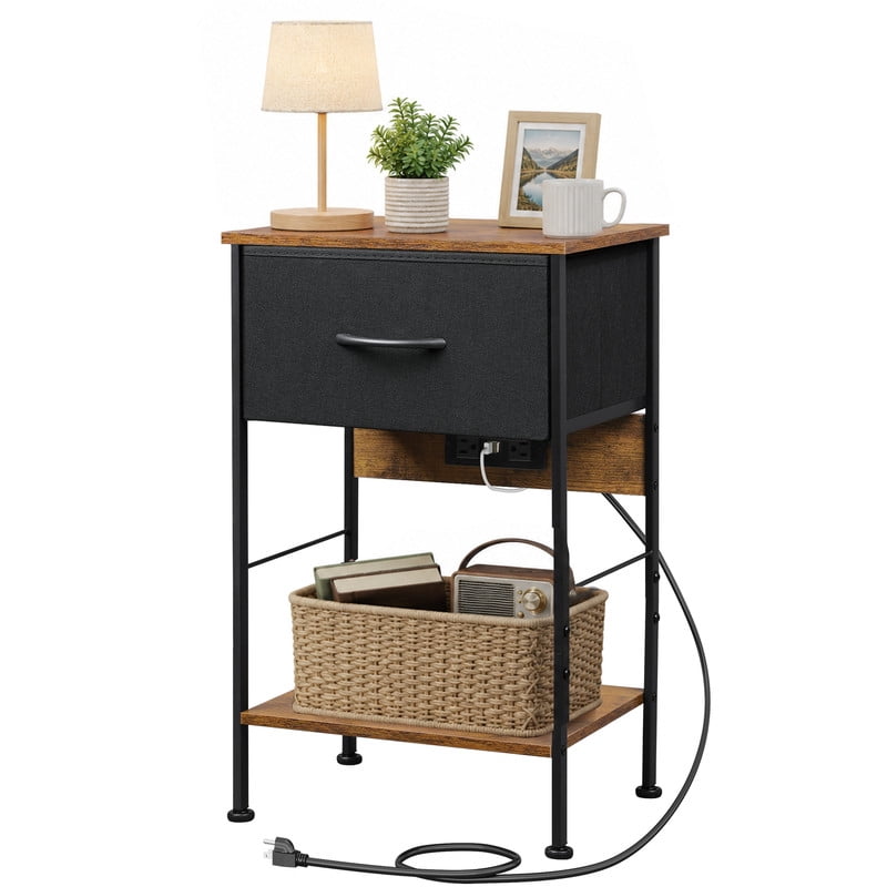 GALAXHERO Nightstand with Charging Station, Small Dresser with Drawer and Storage Shelfs for Bedroom