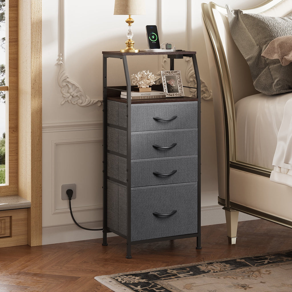 GALAXHERO 4 Drawer Dresser for Bedroom, Nightstand with Charging Station and LED, Tall Bedside Table with Storage Shelfs