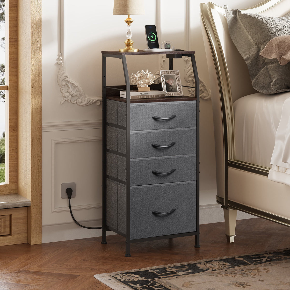 GALAXHERO 4 Drawer Dresser for Bedroom, Nightstand with Charging Station and LED, Tall Bedside Table with Storage Shelfs