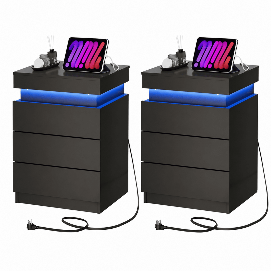 GALAXHERO Nightstand Set of 2 with Charging Station, LED Bedside Table with 3 Storage Drawers, Sliding Top, Hidden Space, Modern End Table for Bedroom, Living Room