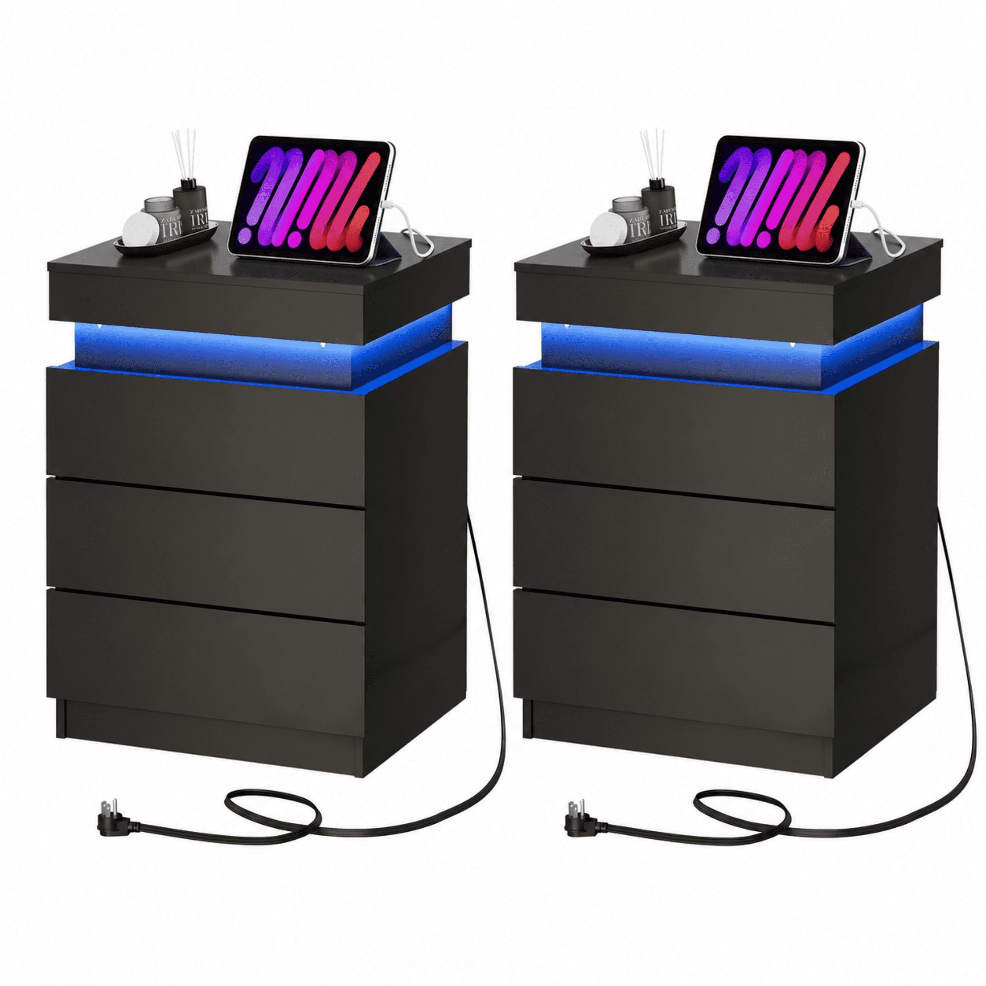 GALAXHERO Nightstand Set of 2 with Charging Station, LED Bedside Table with 3 Storage Drawers, Sliding Top, Hidden Space, Modern End Table for Bedroom, Living Room