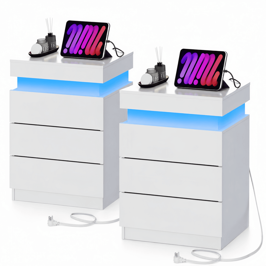 GALAXHERO Nightstand Set of 2 with Charging Station, LED Bedside Table with 3 Storage Drawers, Sliding Top, Hidden Space, Modern End Table for Bedroom, Living Room